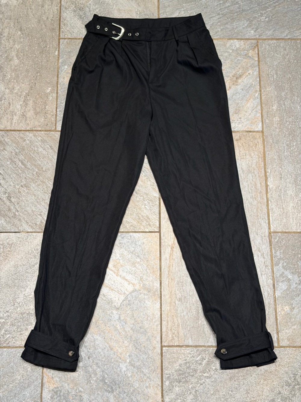 High-Rise Black Pleated Chinos with Belt